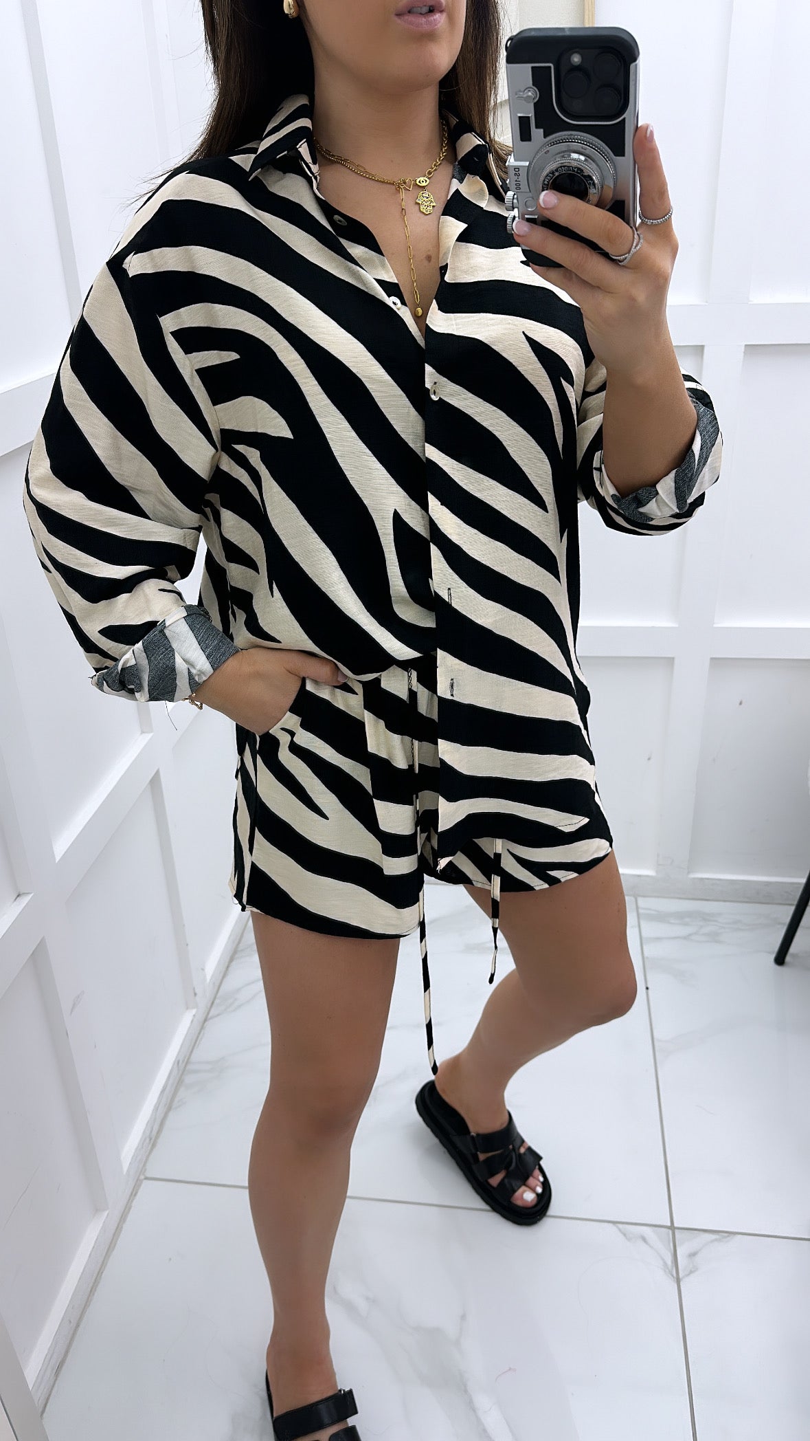 ARABELLA black zebra shirt and shorts co-ord