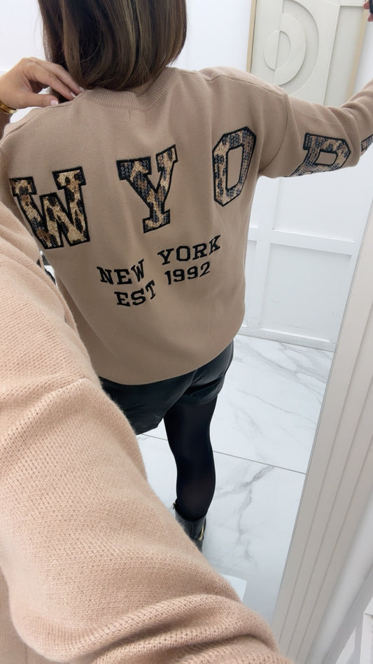 ALYSHA camel knit jumper with leopard print new york slogan