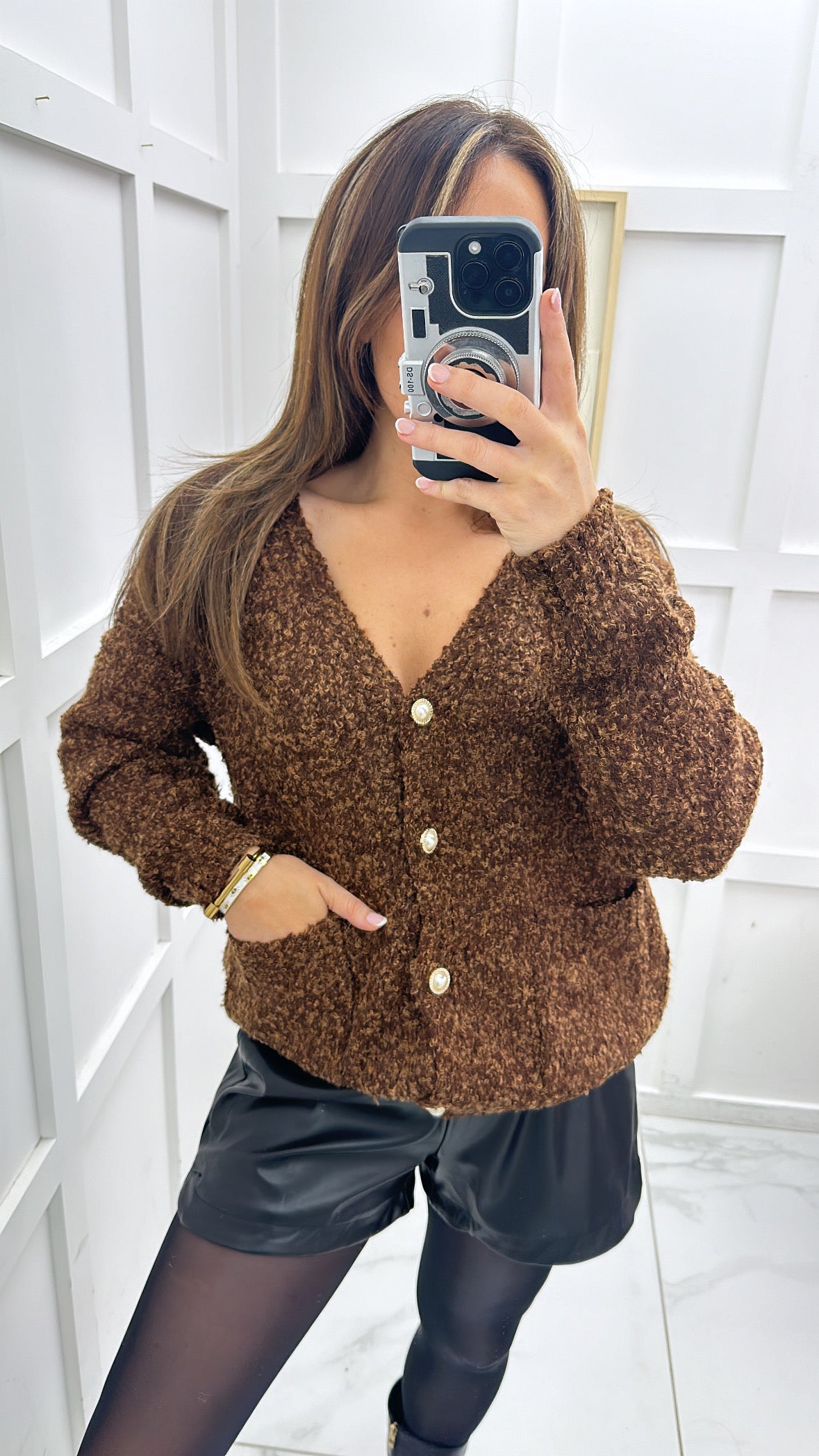 DOTTIE brown super soft knit cardigan with pearl buttons