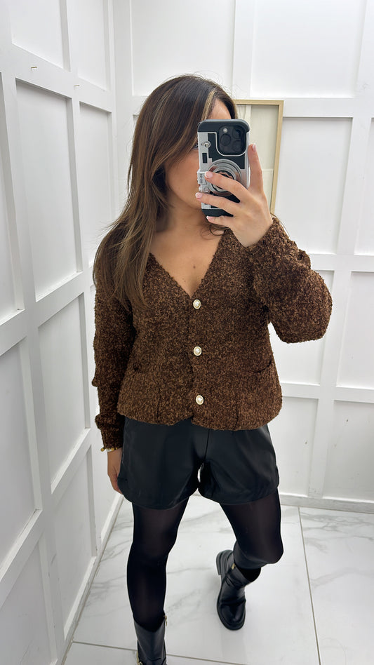 DOTTIE brown super soft knit cardigan with pearl buttons