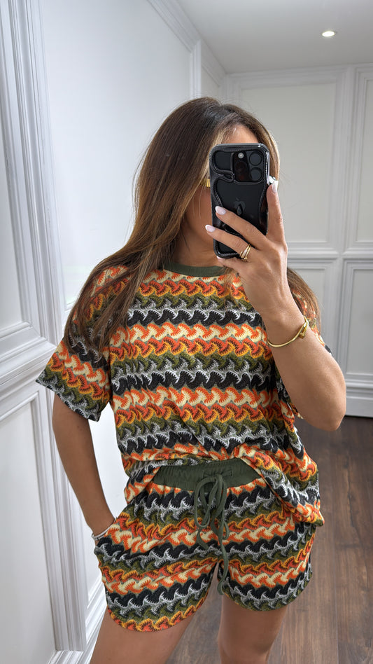 OLIVIA khaki multi print top and shorts co-ord