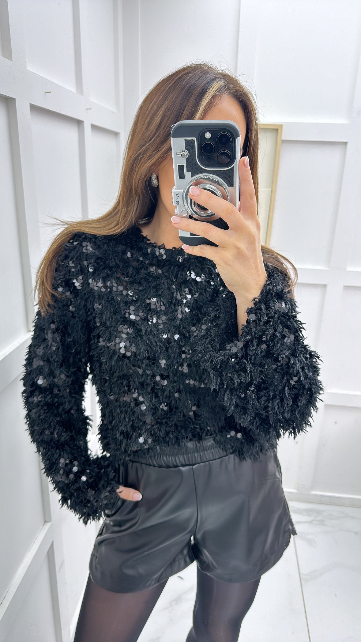 JASMINE black sequin and feather detail top