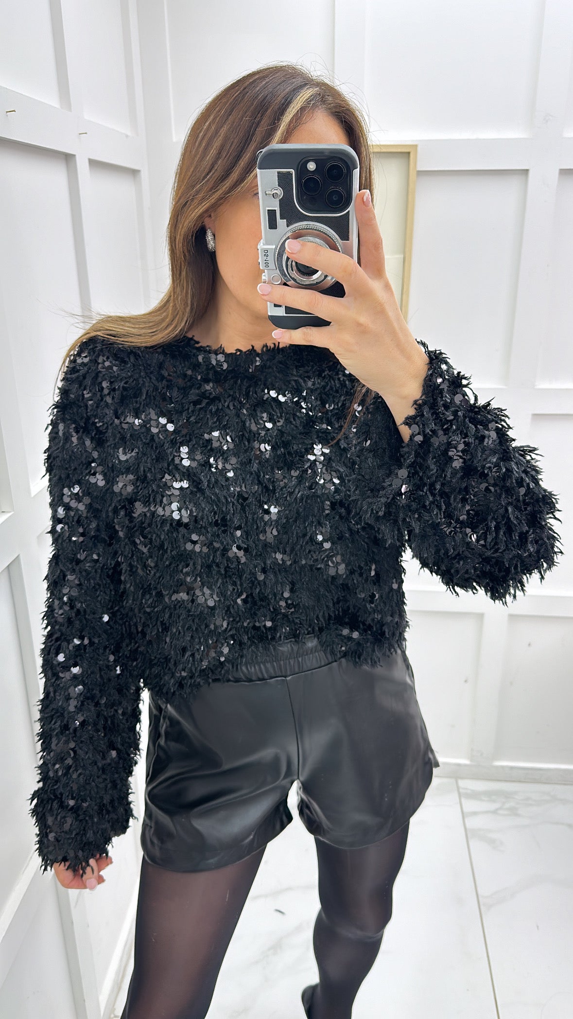 JASMINE black sequin and feather detail top