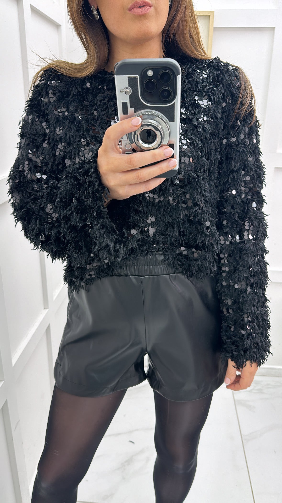 JASMINE black sequin and feather detail top