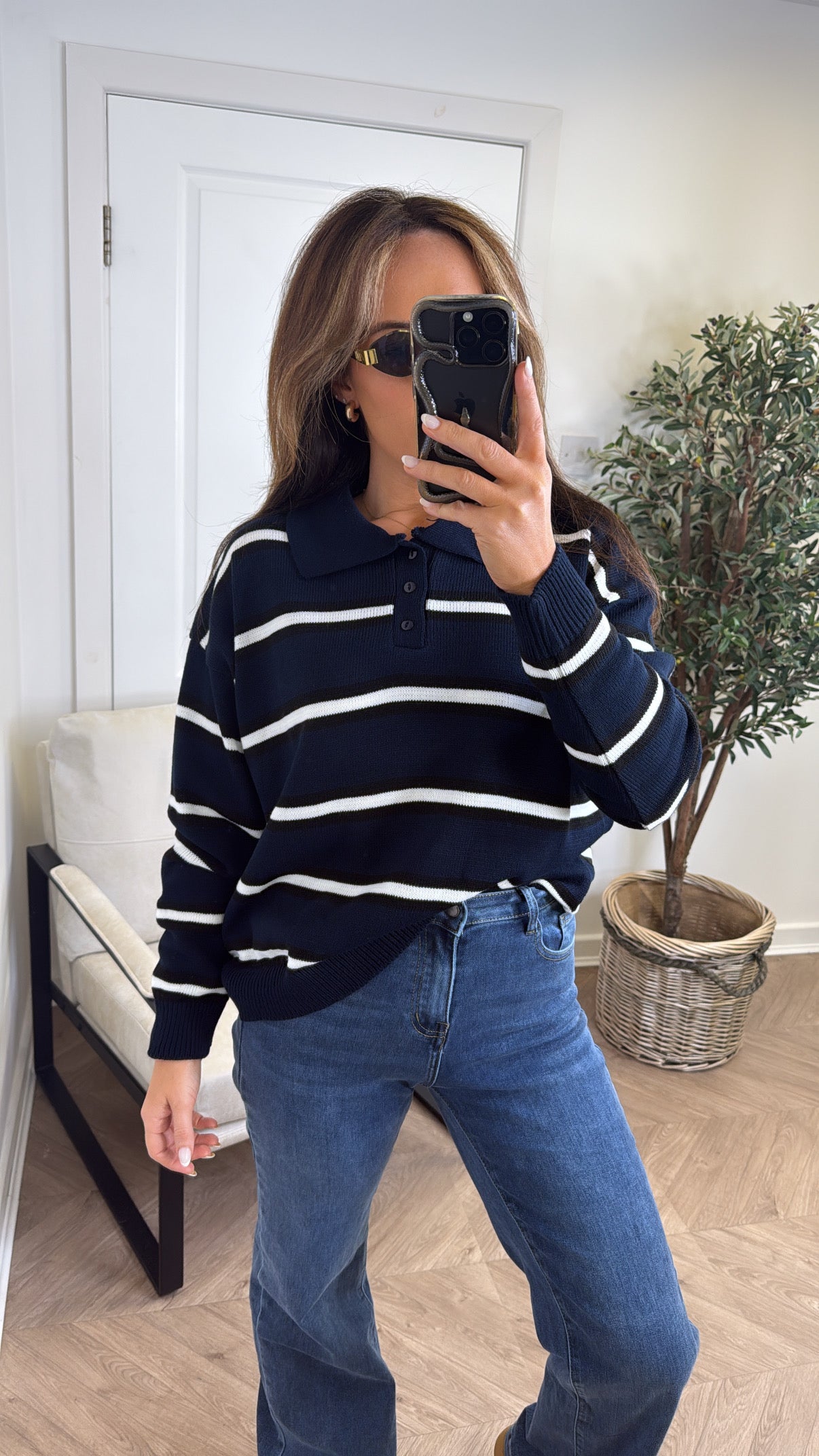 LOUISE navy stripe knitted rugby jumper