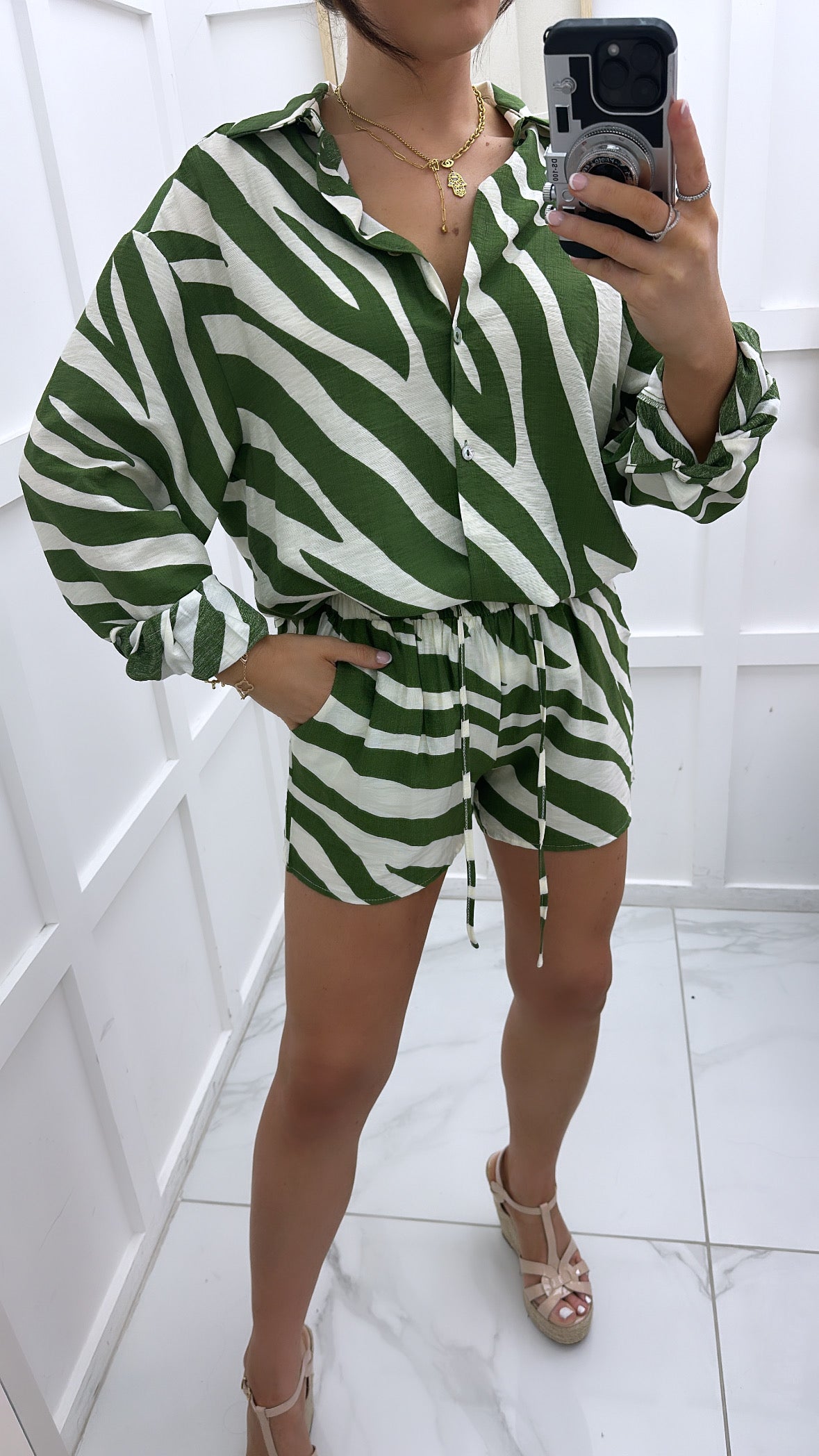ARABELLA green zebra shirt and shorts co-ord