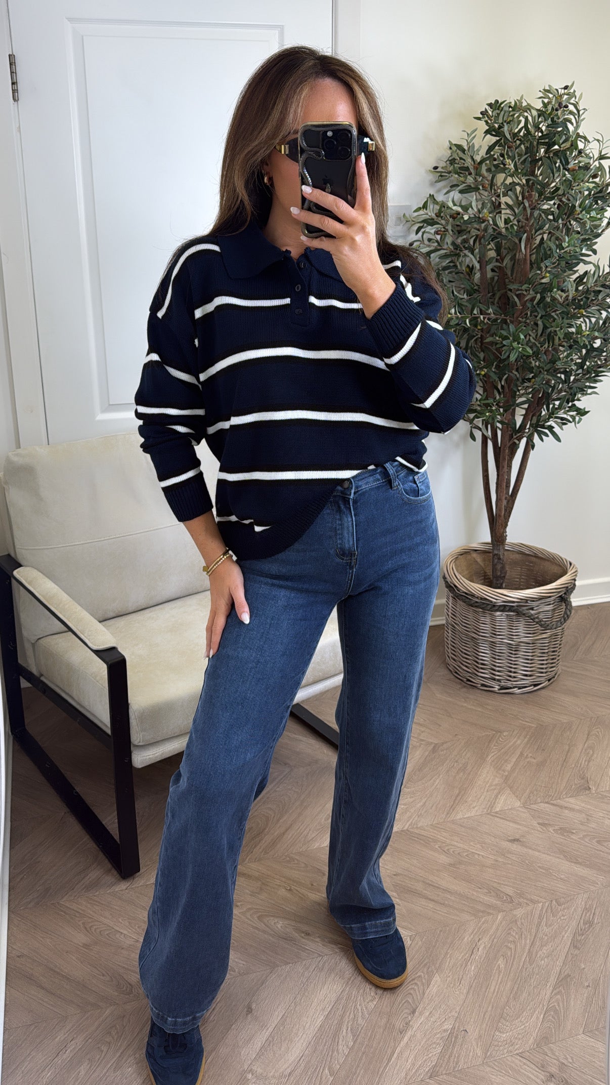 LOUISE navy stripe knitted rugby jumper