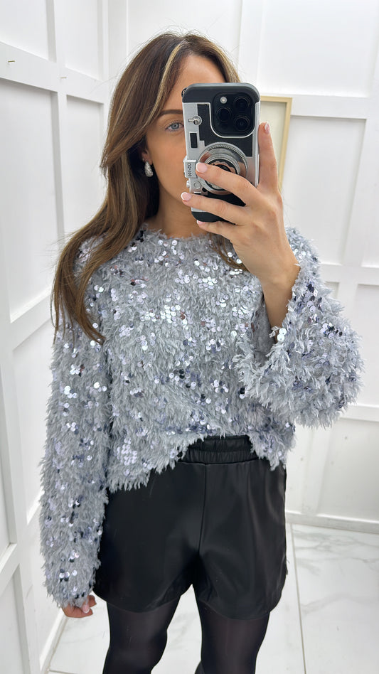 JASMINE grey sequin and feather detail top