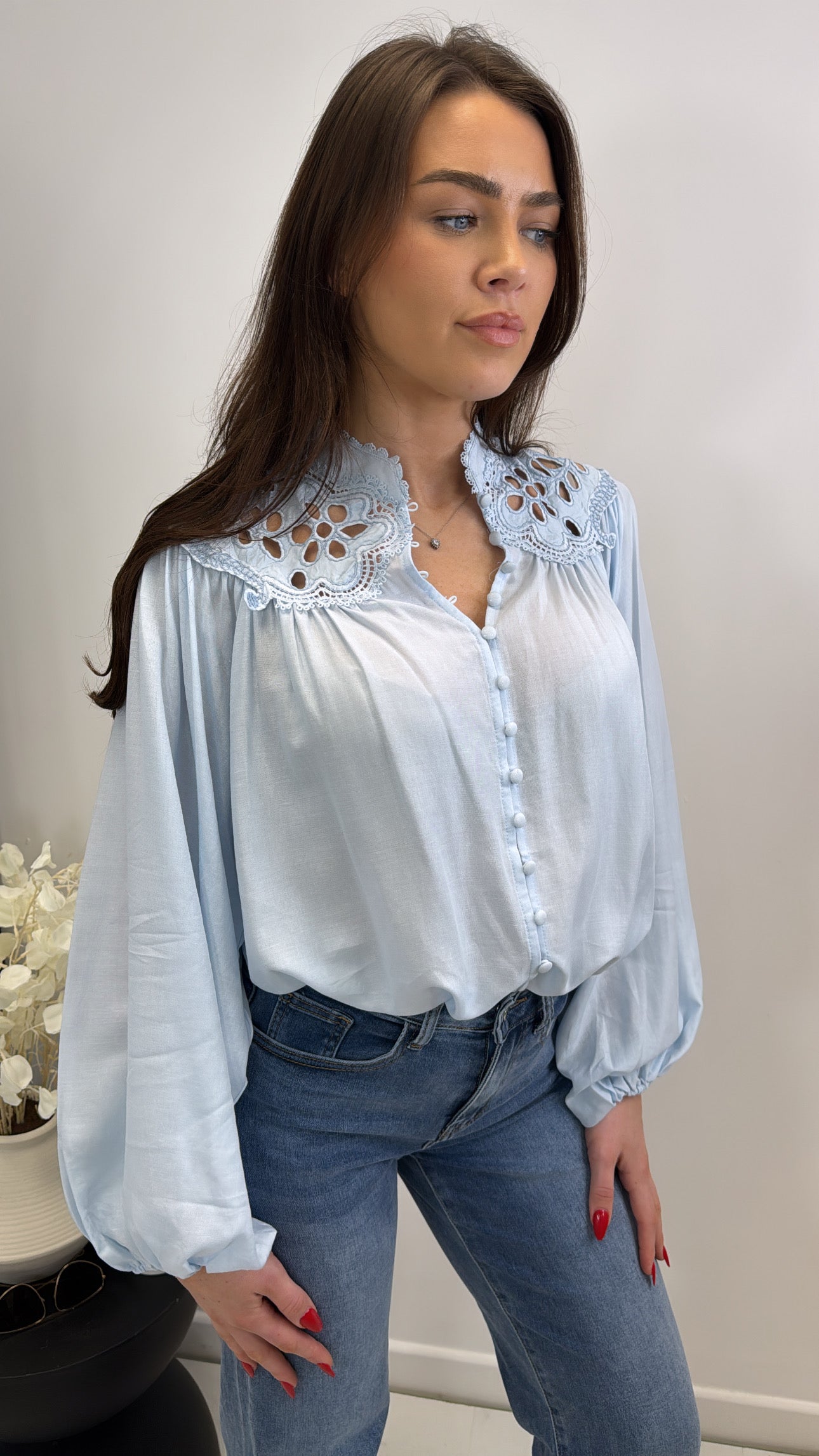 PRIYA blue embroidered neck blouse