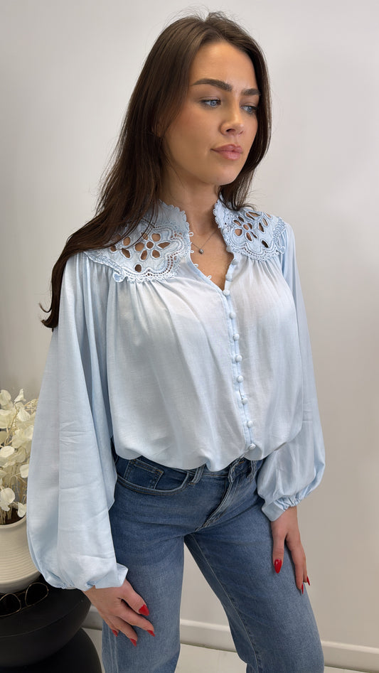 PRIYA blue embroidered neck blouse