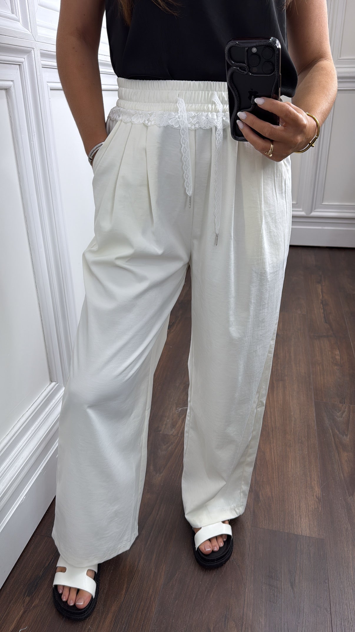 JORDANA white lace detail trousers