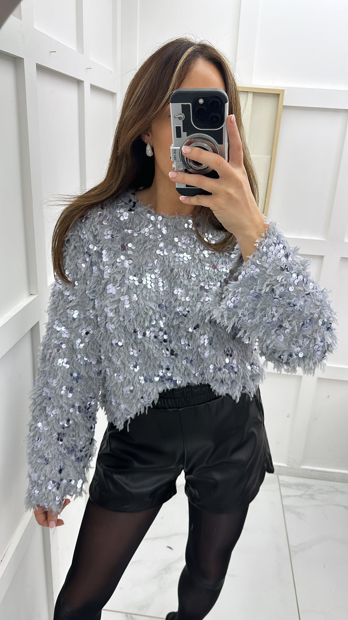 JASMINE grey sequin and feather detail top