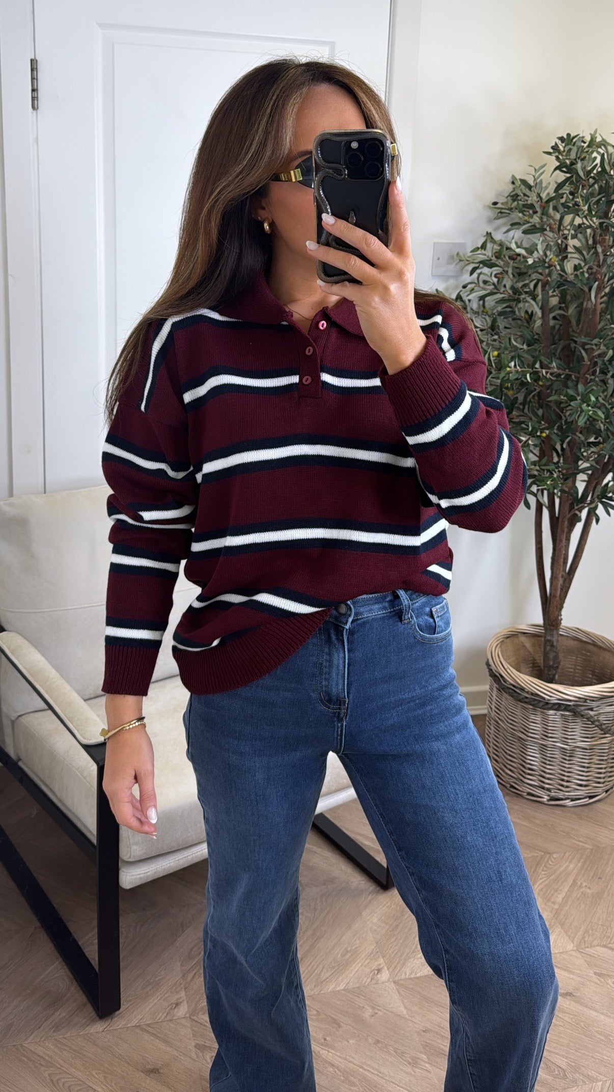 LOUISE burgundy stripe knitted rugby jumper