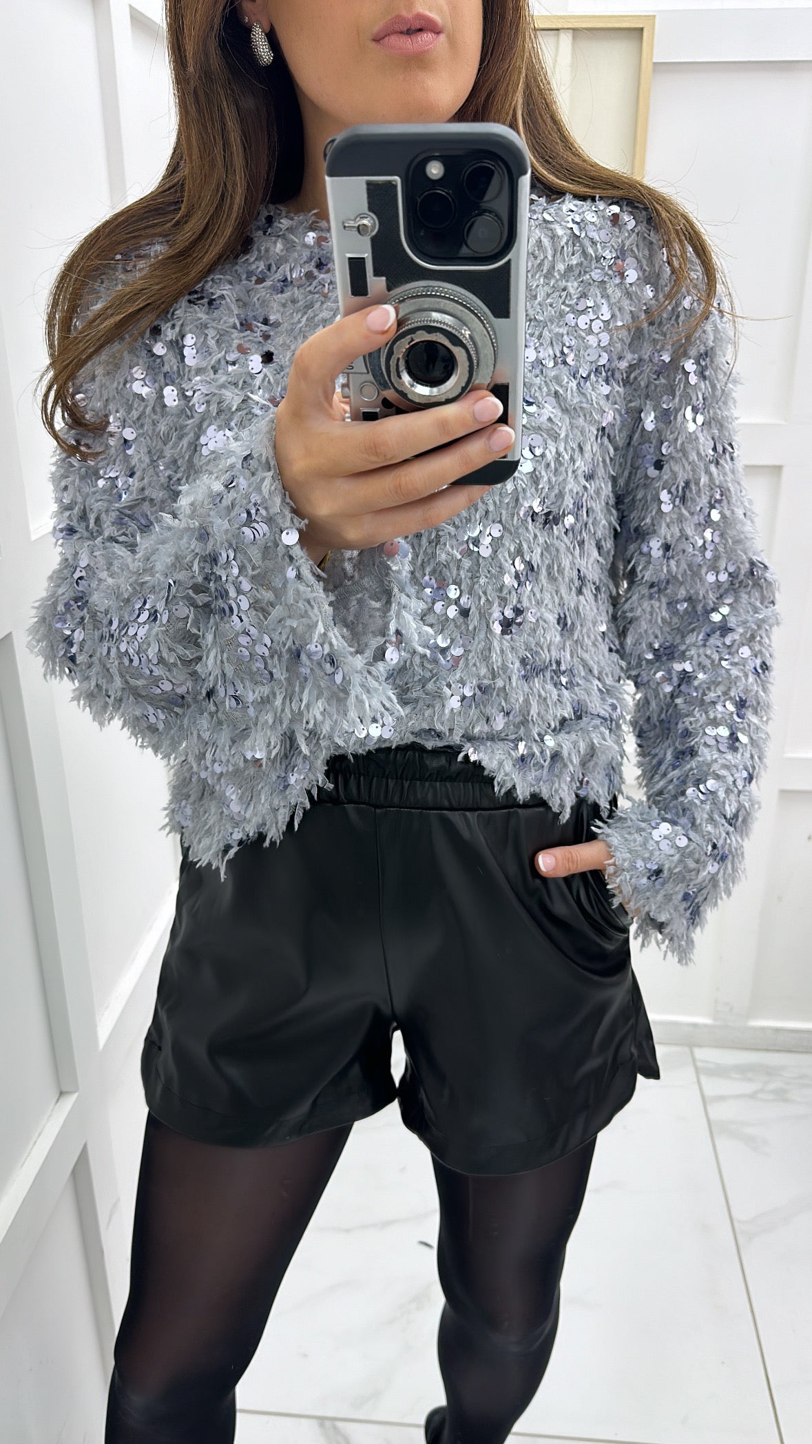 JASMINE grey sequin and feather detail top