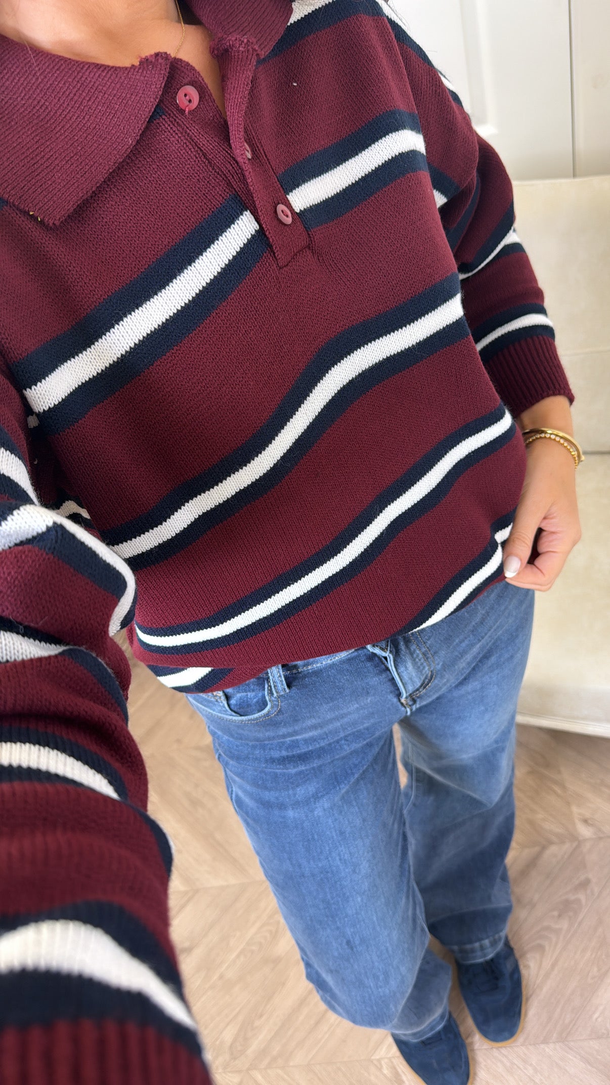 LOUISE burgundy stripe knitted rugby jumper