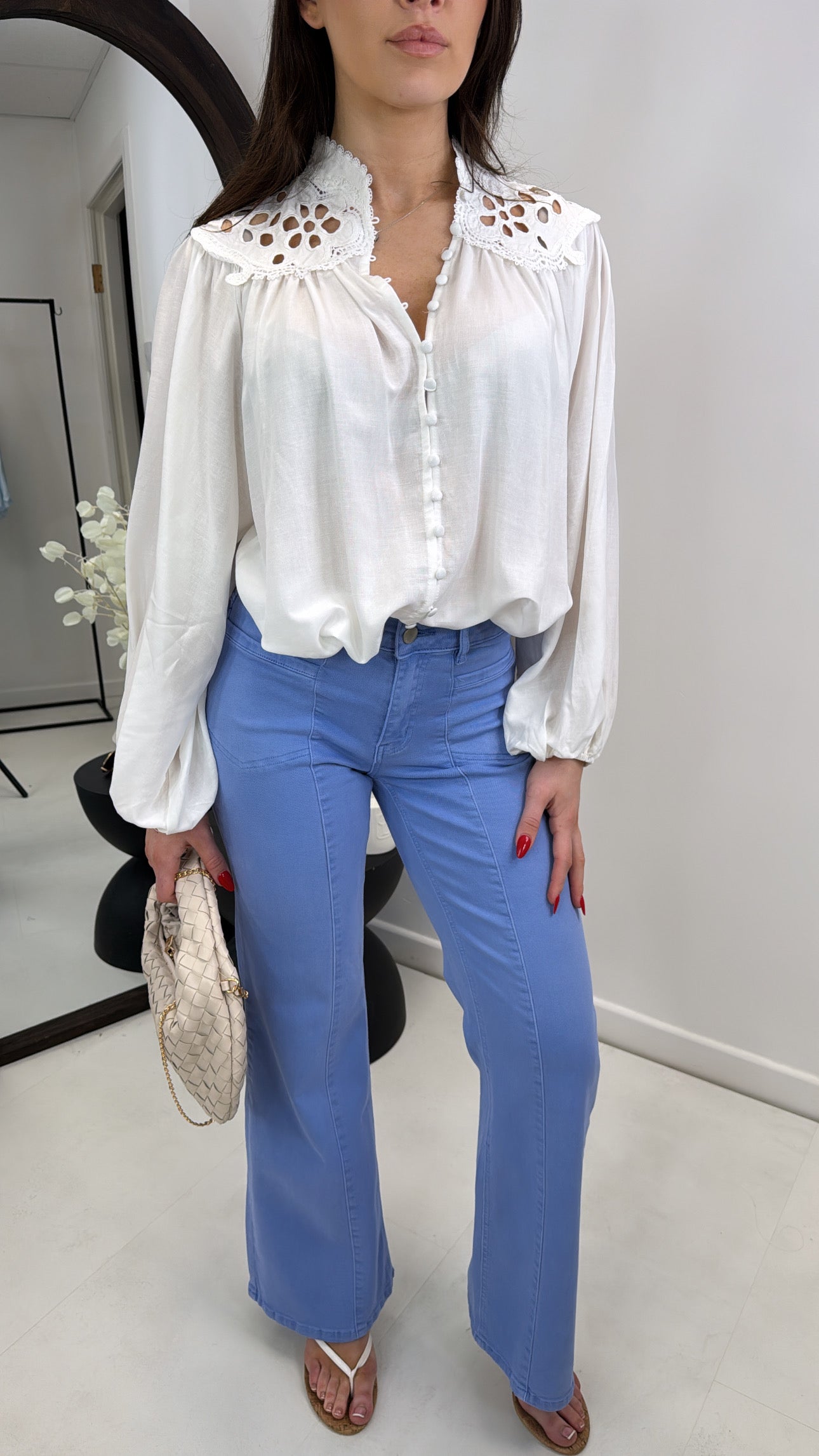 PRIYA white embroidered neck blouse