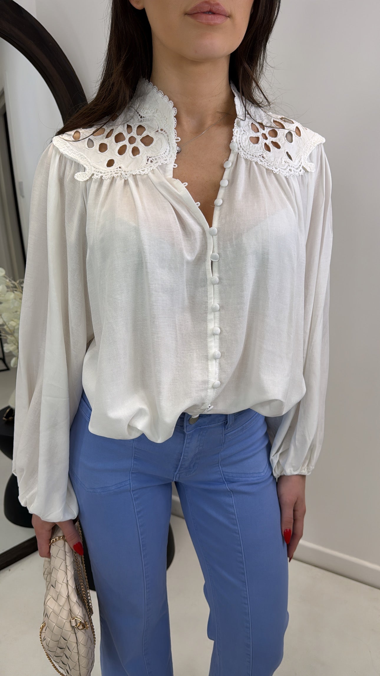 PRIYA white embroidered neck blouse