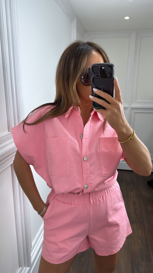 ROME pink button up top and shorts co-ord