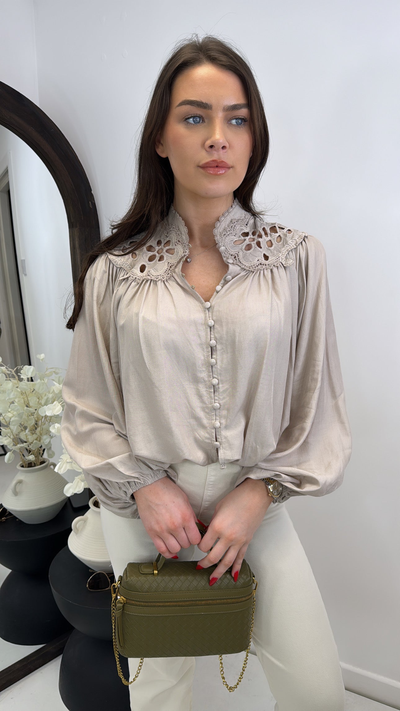 PRIYA beige embroidered neck blouse