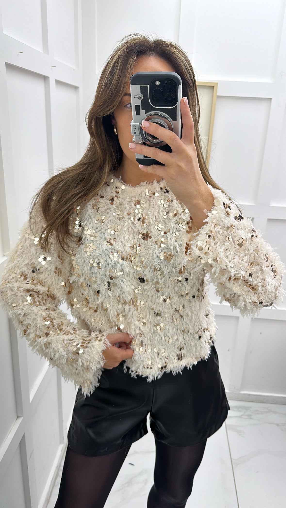 JASMINE cream sequin and feather detail top