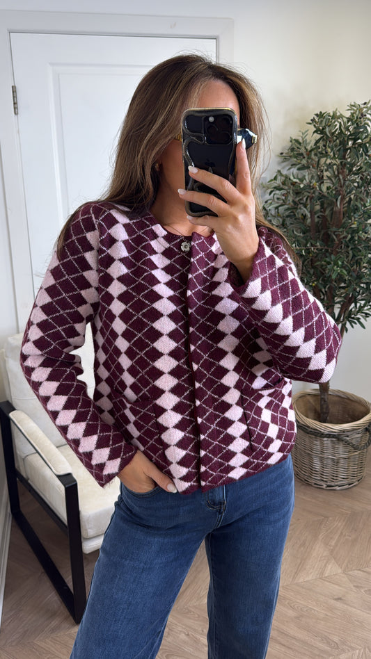 ESTELLE burgundy diamond check print knit cardigan
