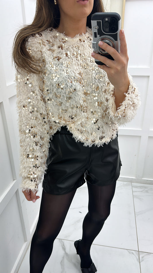 JASMINE cream sequin and feather detail top