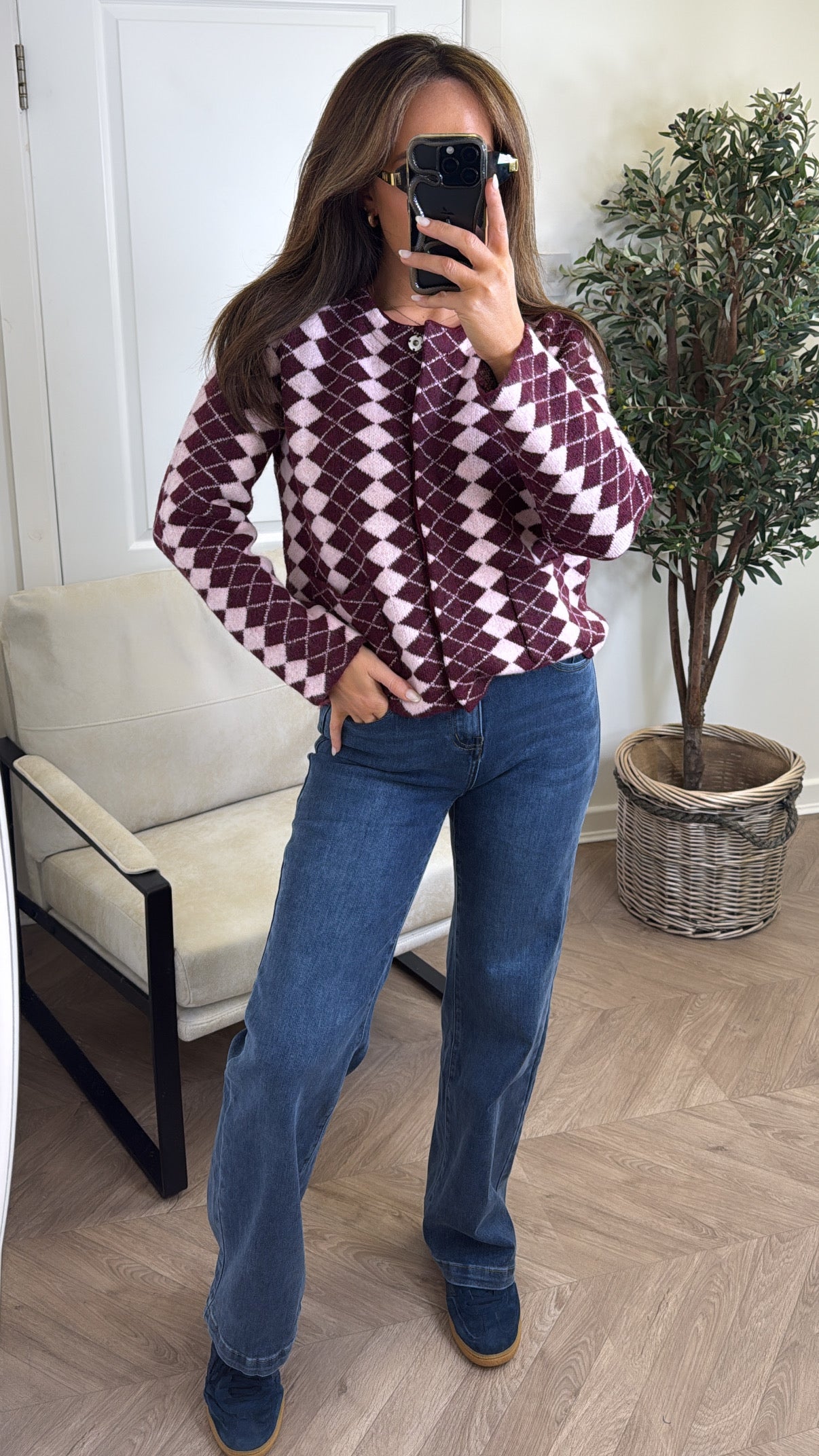 ESTELLE burgundy diamond check print knit cardigan