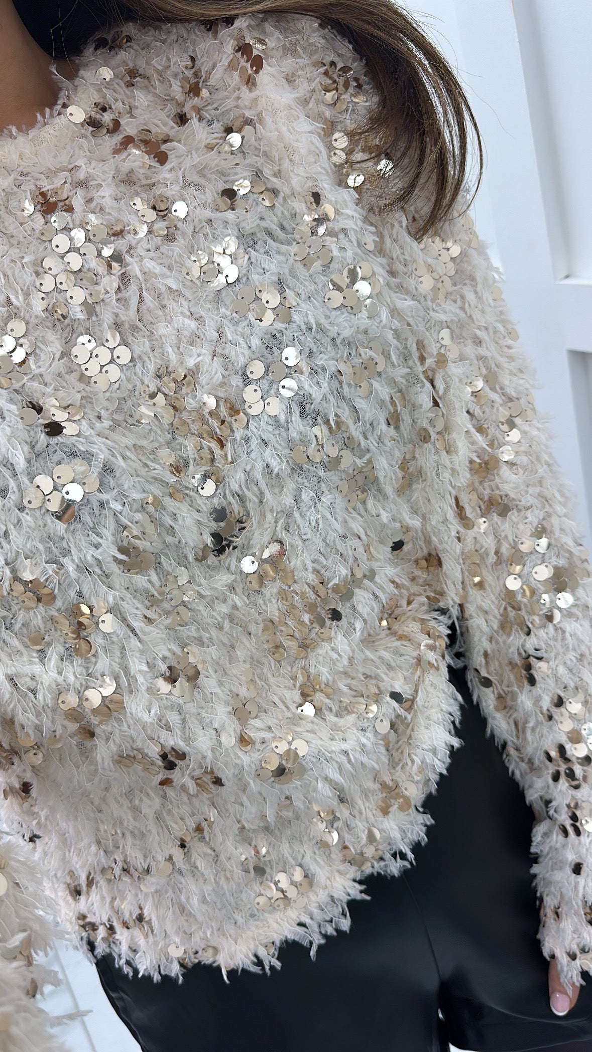 JASMINE cream sequin and feather detail top