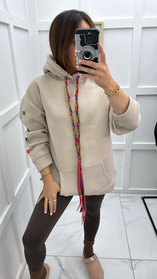 BAILEY beige button sleeve oversized hoody