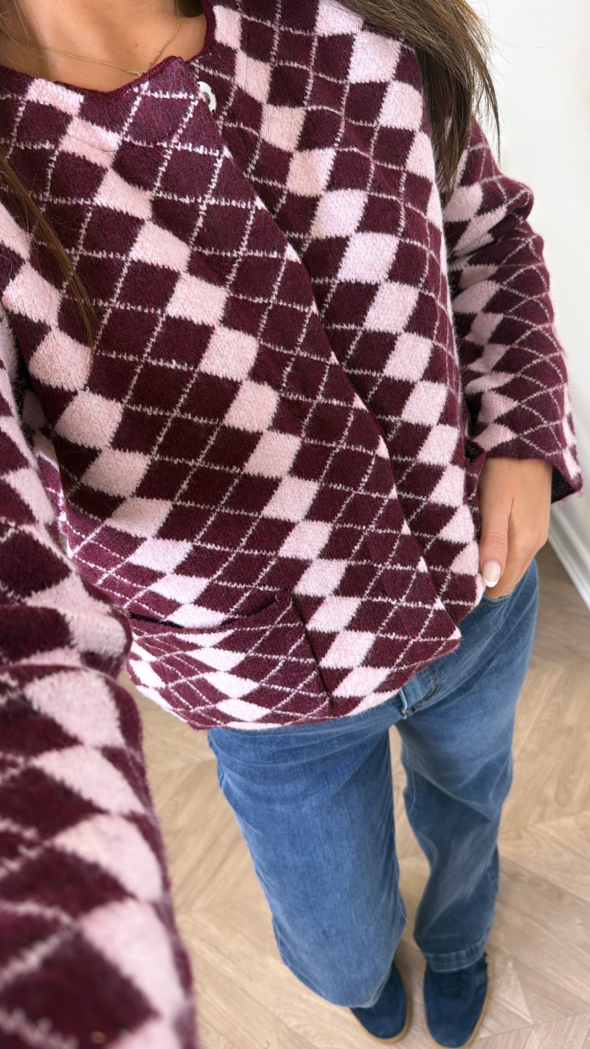 ESTELLE burgundy diamond check print knit cardigan
