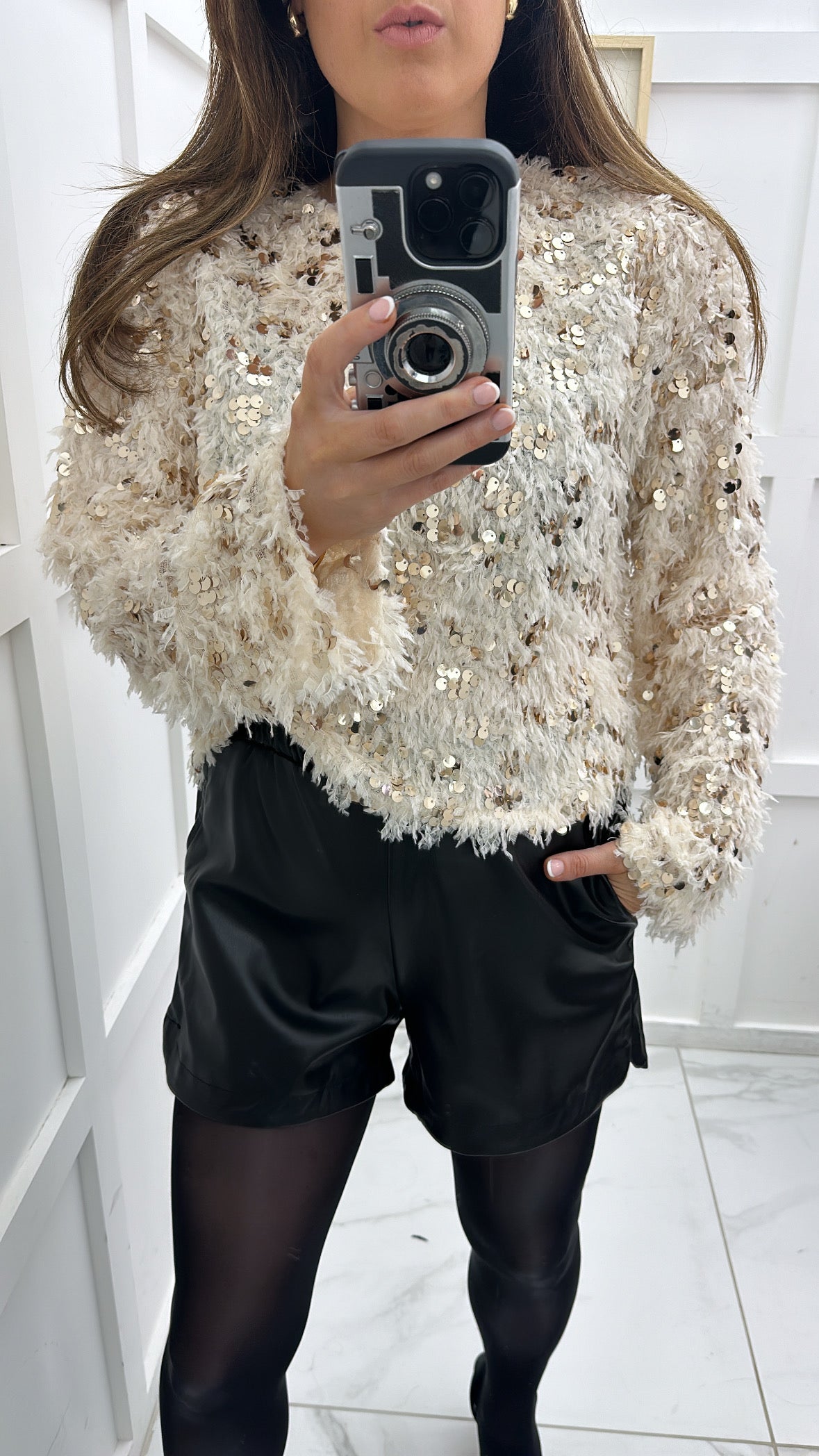 JASMINE cream sequin and feather detail top