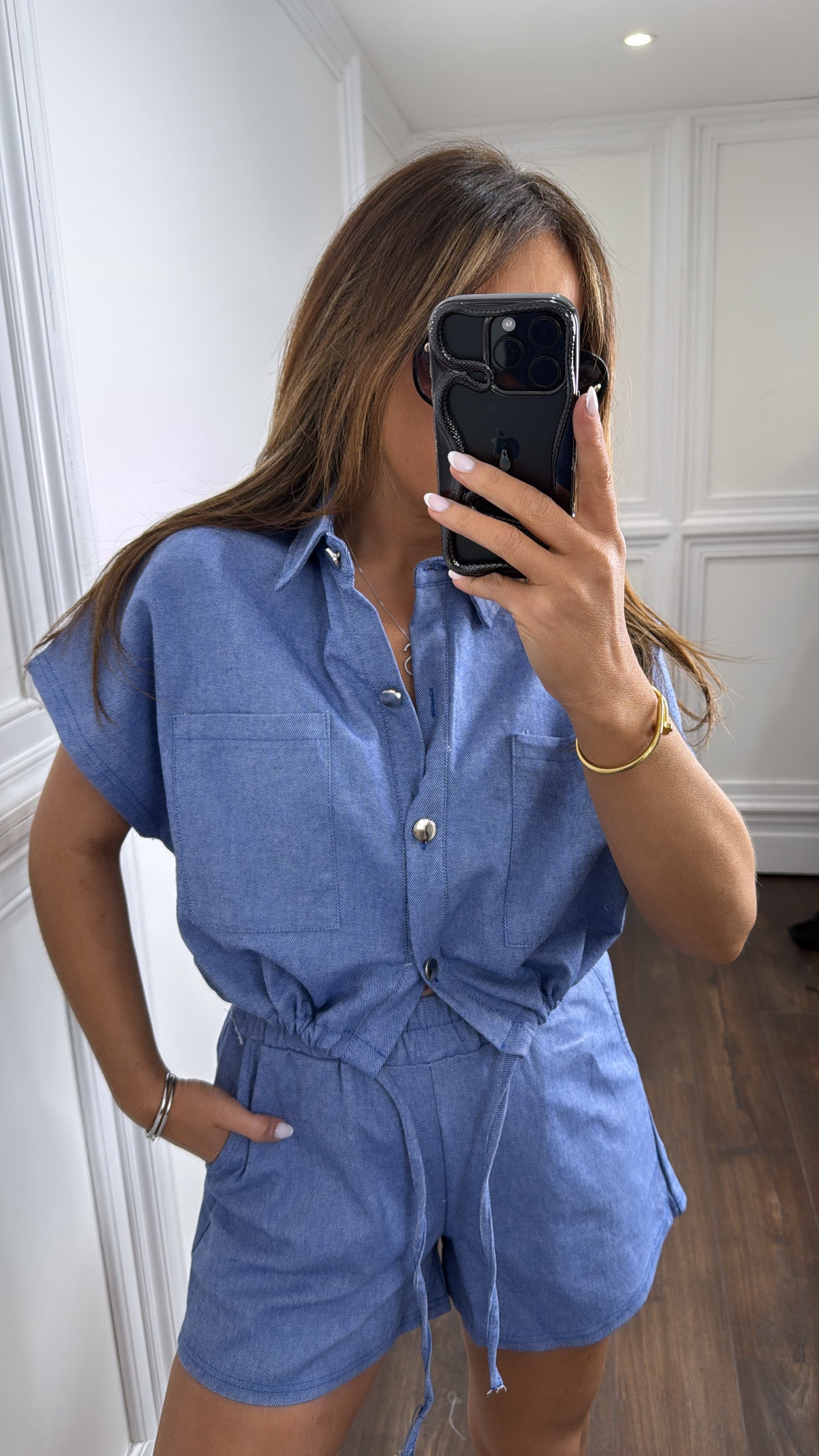 ROME blue button up top and shorts co-ord
