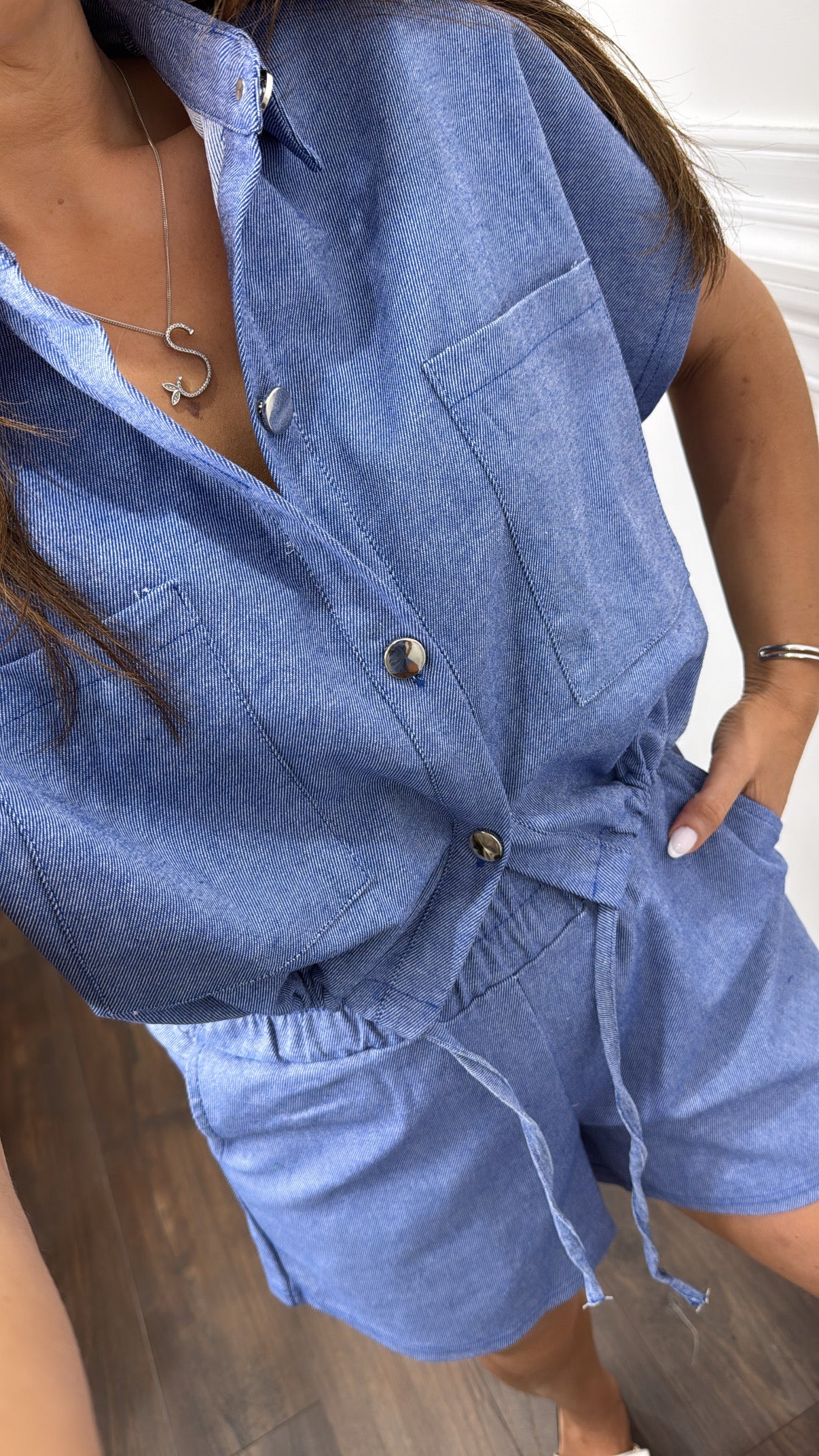 ROME blue button up top and shorts co-ord