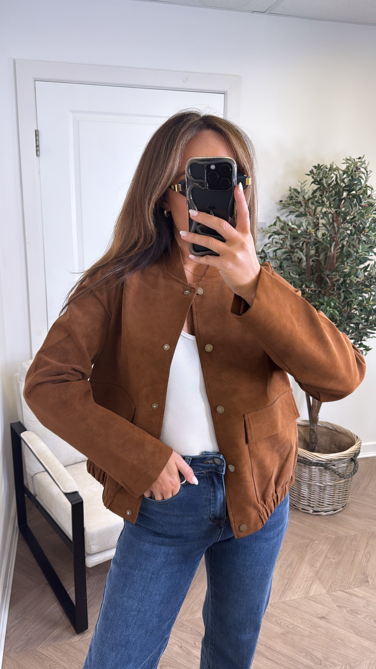 GABRIELLE brown faux suede bomber jacket