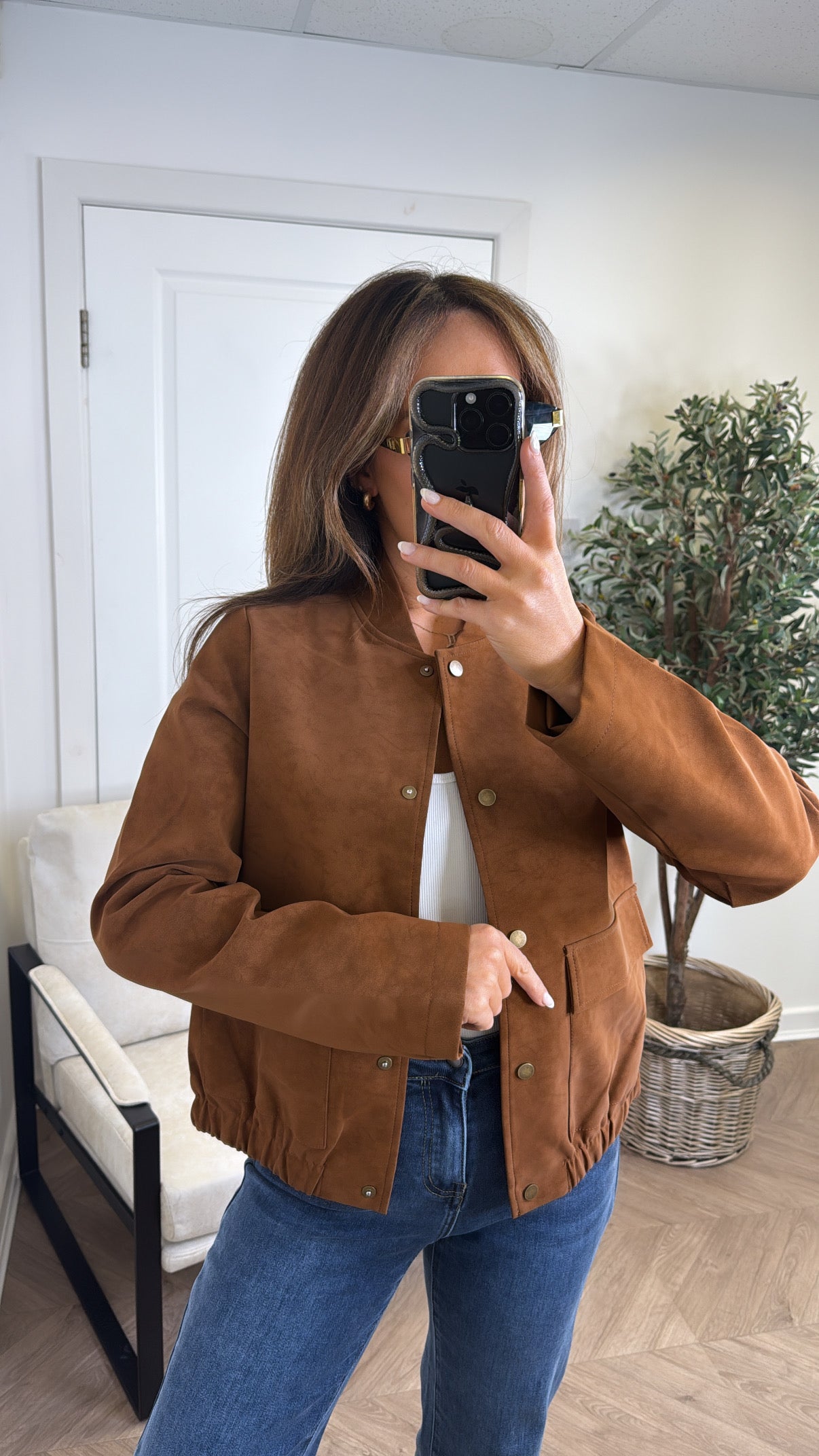 GABRIELLE brown faux suede bomber jacket