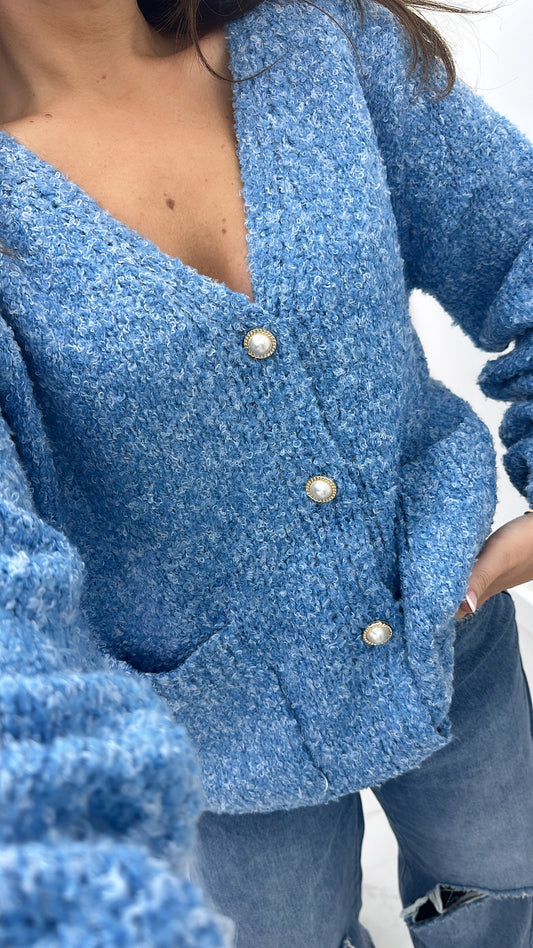 DOTTIE blue super soft knit cardigan with pearl buttons