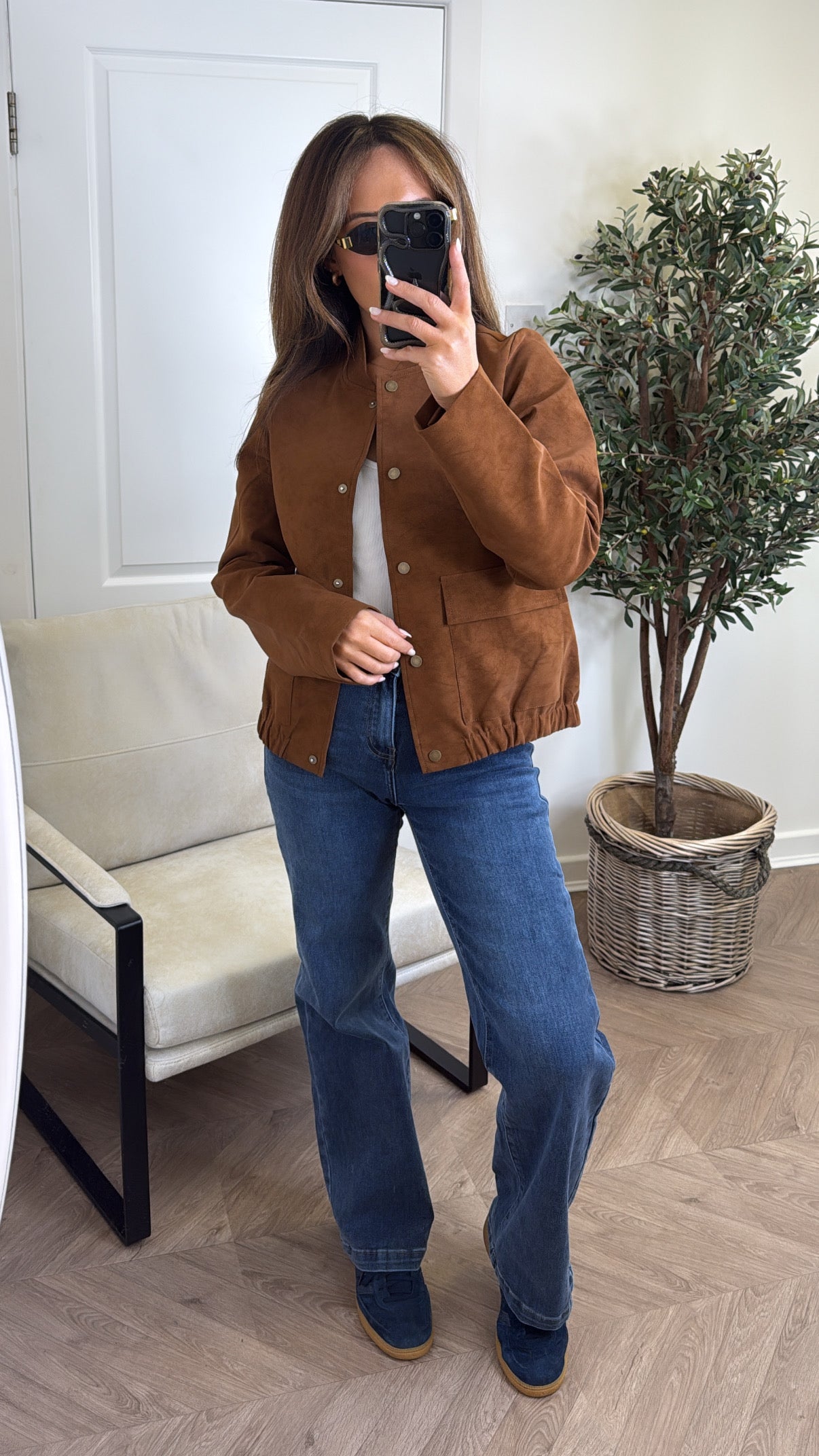 GABRIELLE brown faux suede bomber jacket