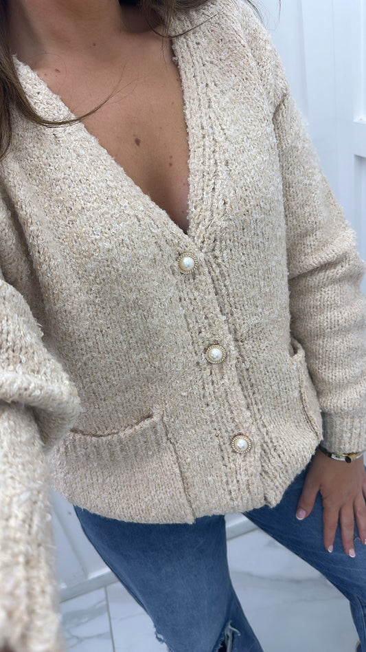 DOTTIE beige super soft knit cardigan with pearl buttons