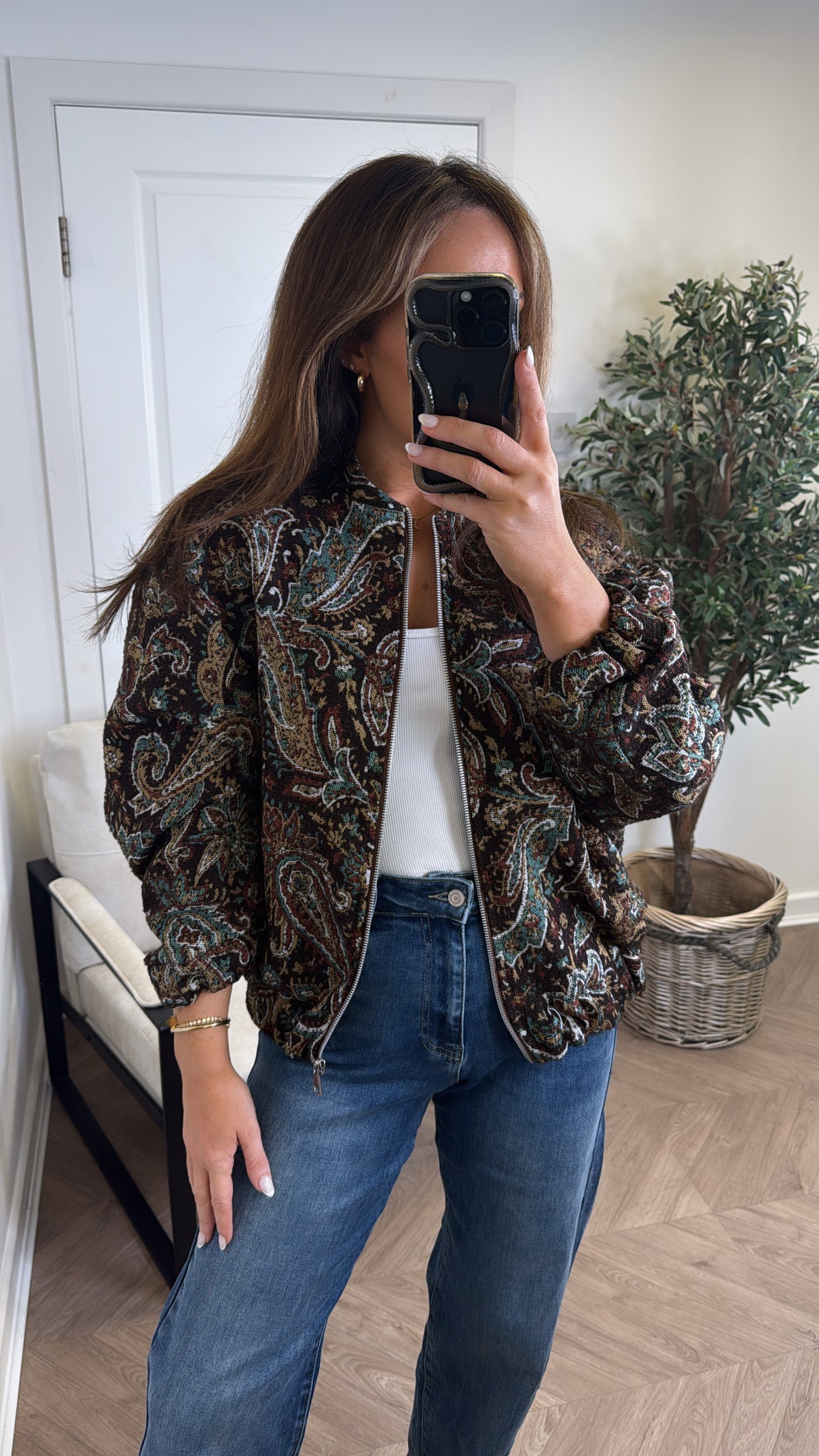 AUTUMN brown paisley embroidered bomber jacket