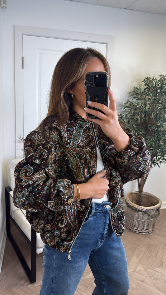 AUTUMN brown paisley embroidered bomber jacket