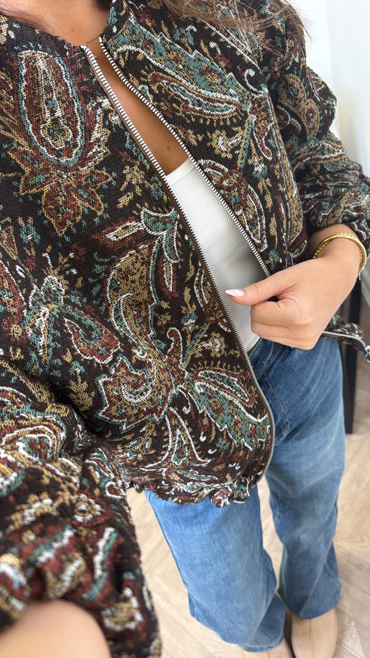 AUTUMN brown paisley embroidered bomber jacket