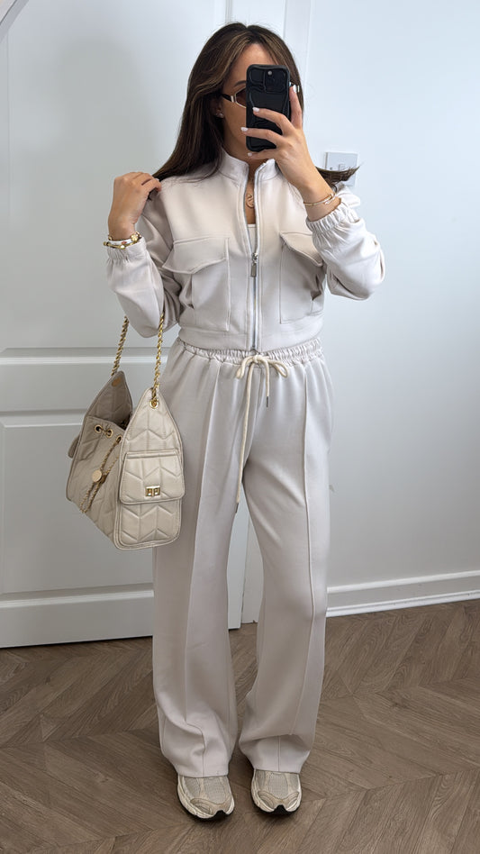 ISLA light beige crop zip up jacket and joggers co-ord set