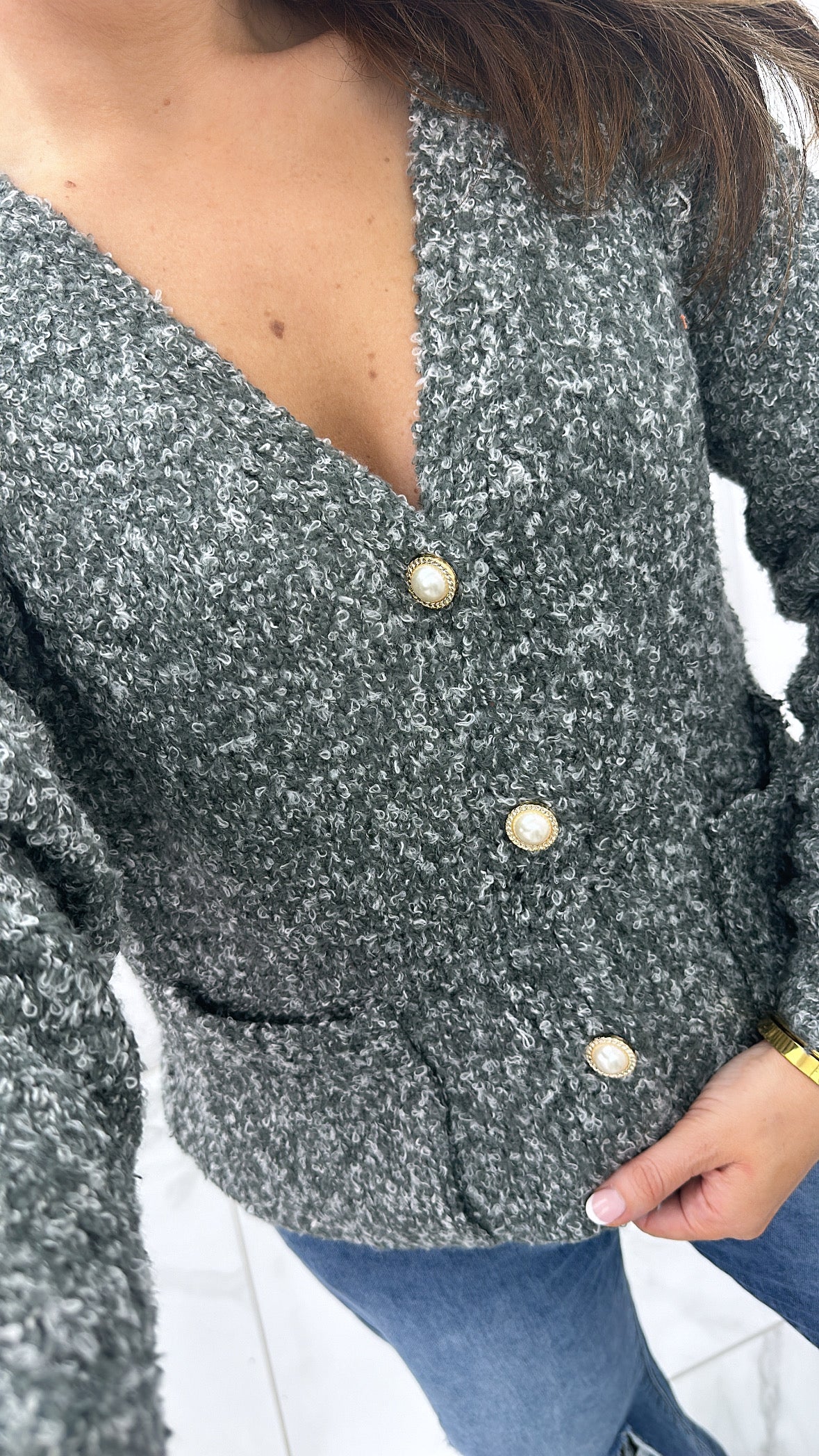 DOTTIE grey super soft knit cardigan with pearl buttons