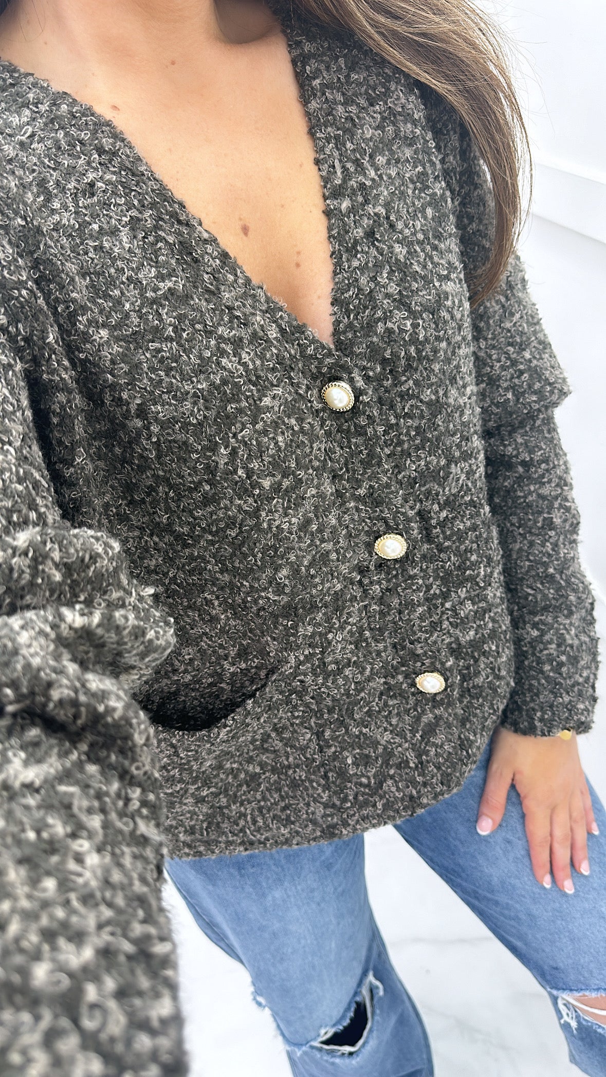 DOTTIE charcoal super soft knit cardigan with pearl buttons