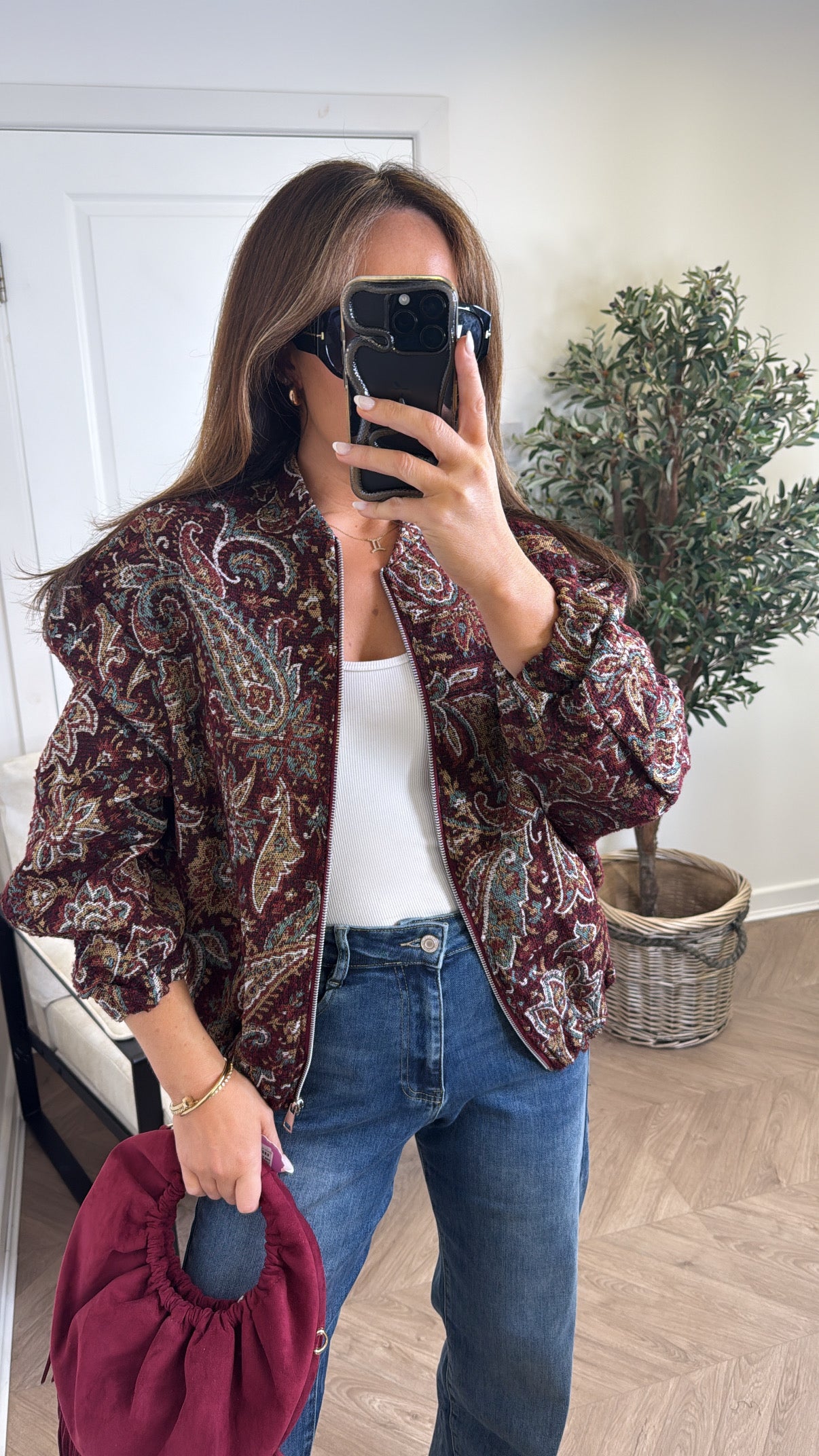 AUTUMN burgundy paisley embroidered bomber jacket