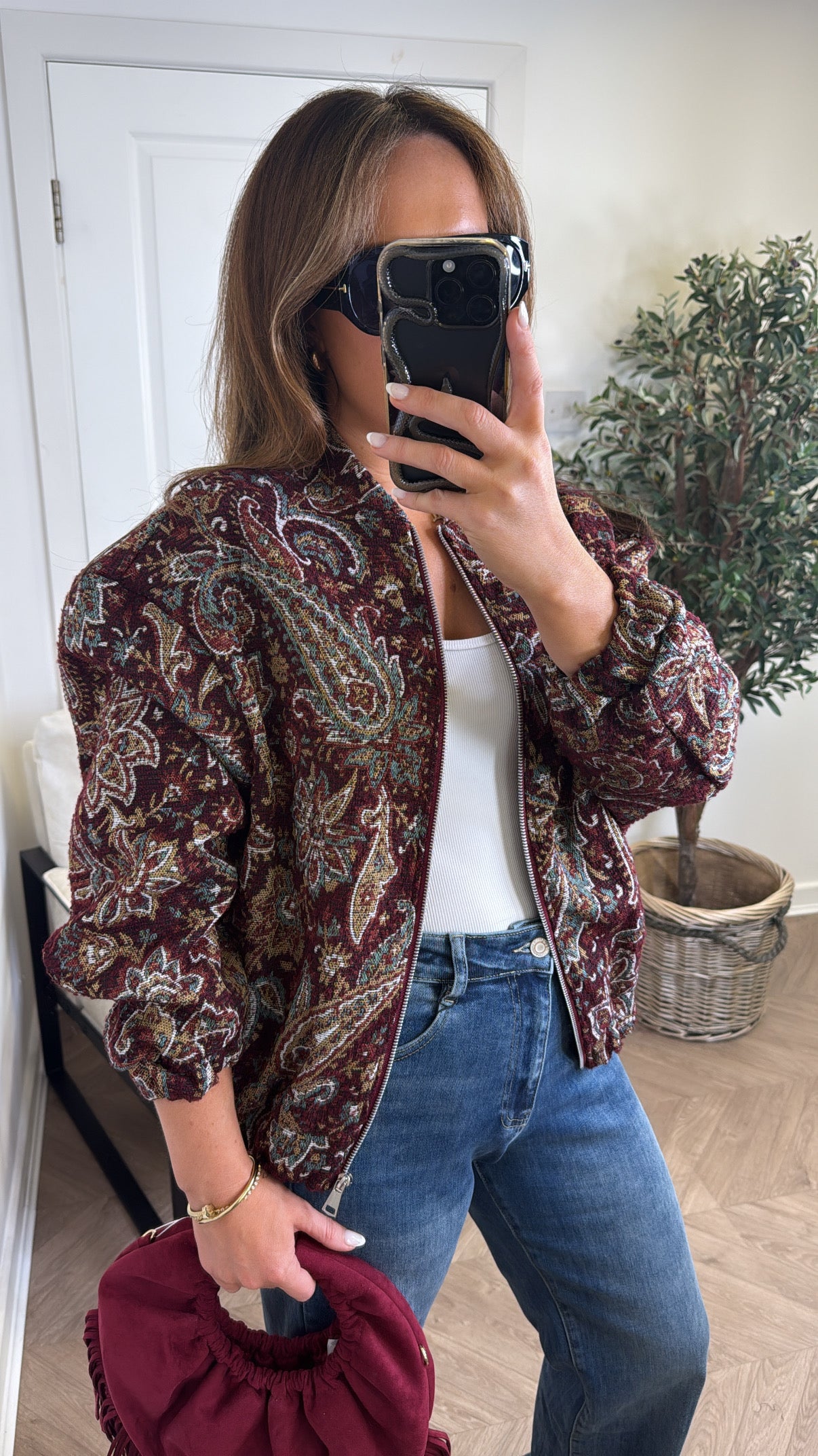 AUTUMN burgundy paisley embroidered bomber jacket
