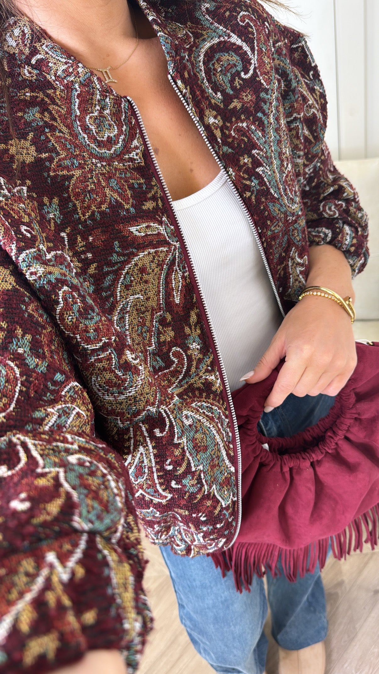 AUTUMN burgundy paisley embroidered bomber jacket