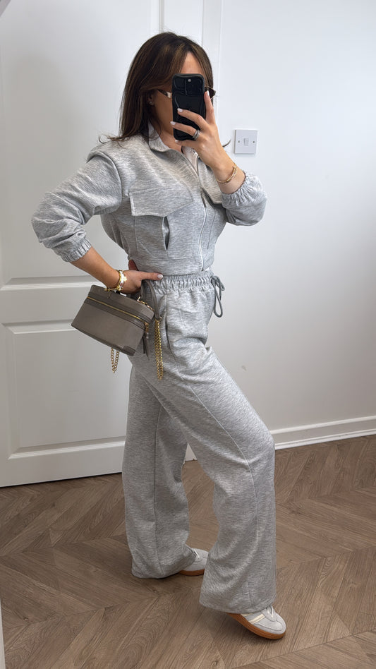 ISLA grey marl crop zip up jacket and joggers co-ord set