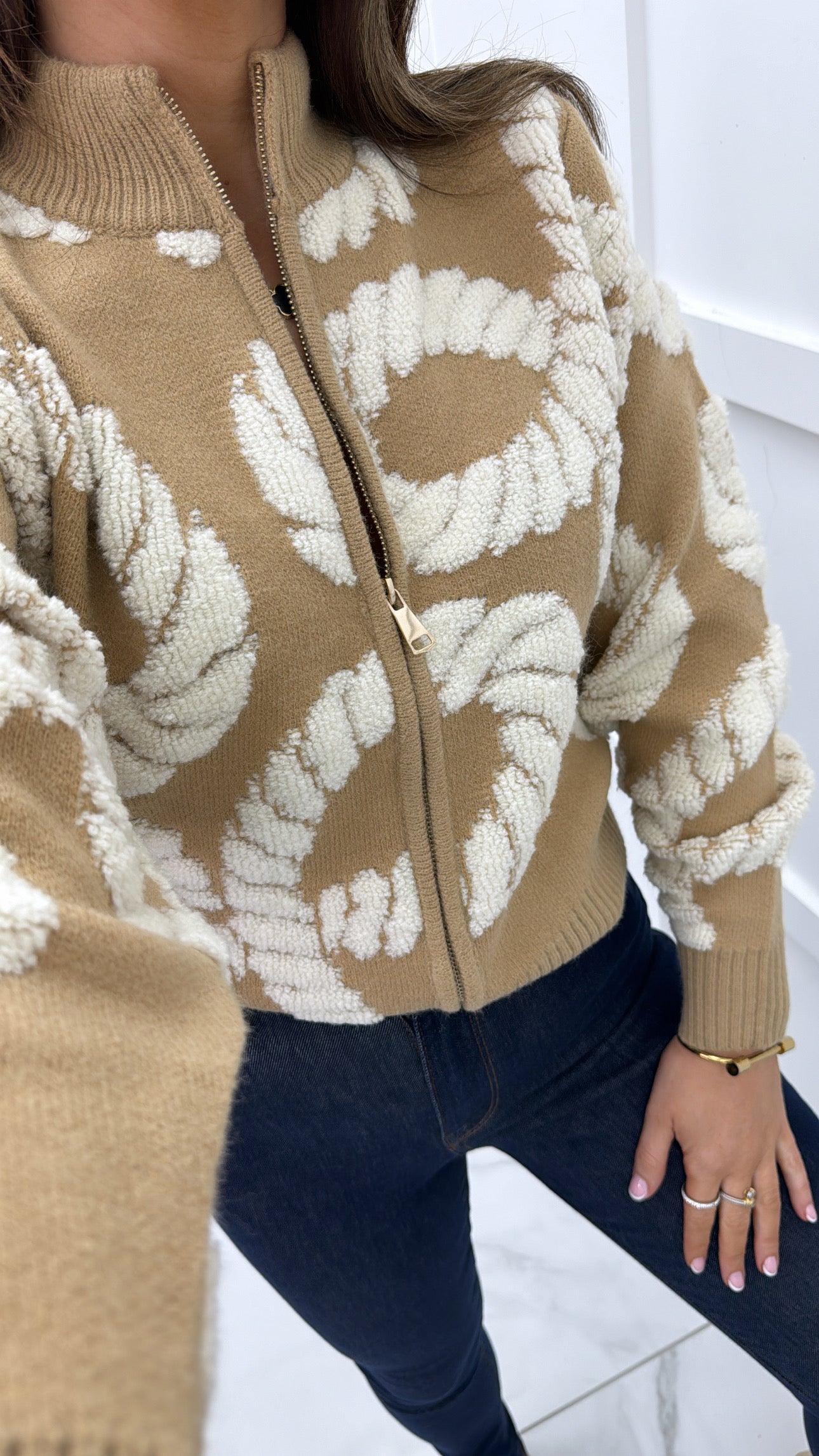 KELLIS beige rope detail zip up cardigan