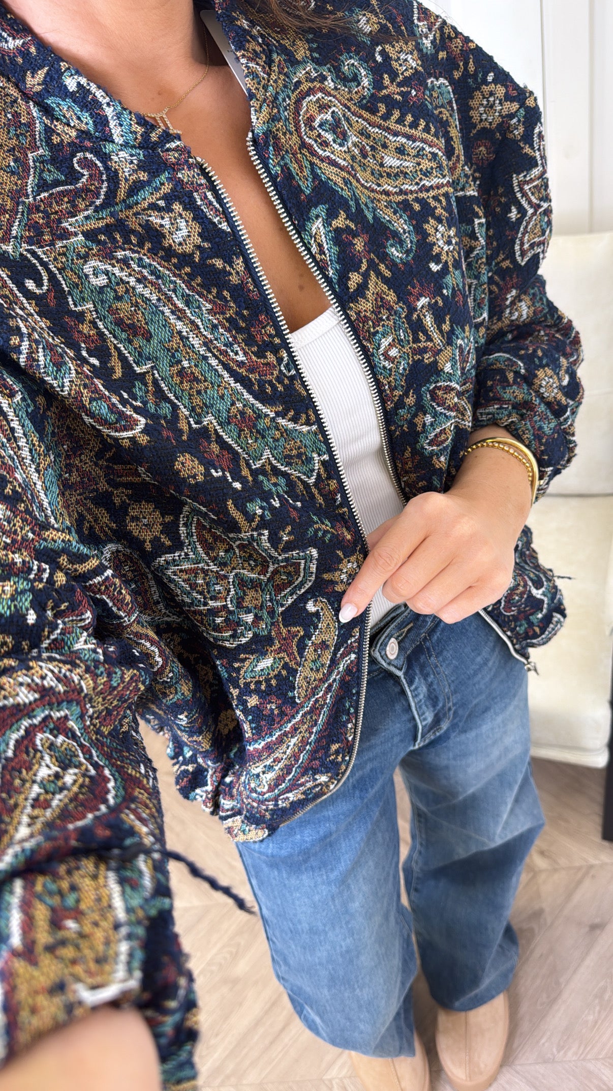 AUTUMN navy paisley embroidered bomber jacket